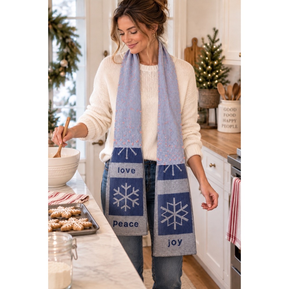 Kitchen Boa Towel Scarf Blue White Stripe Snowflake Love Peace Joy Holiday Sz OS